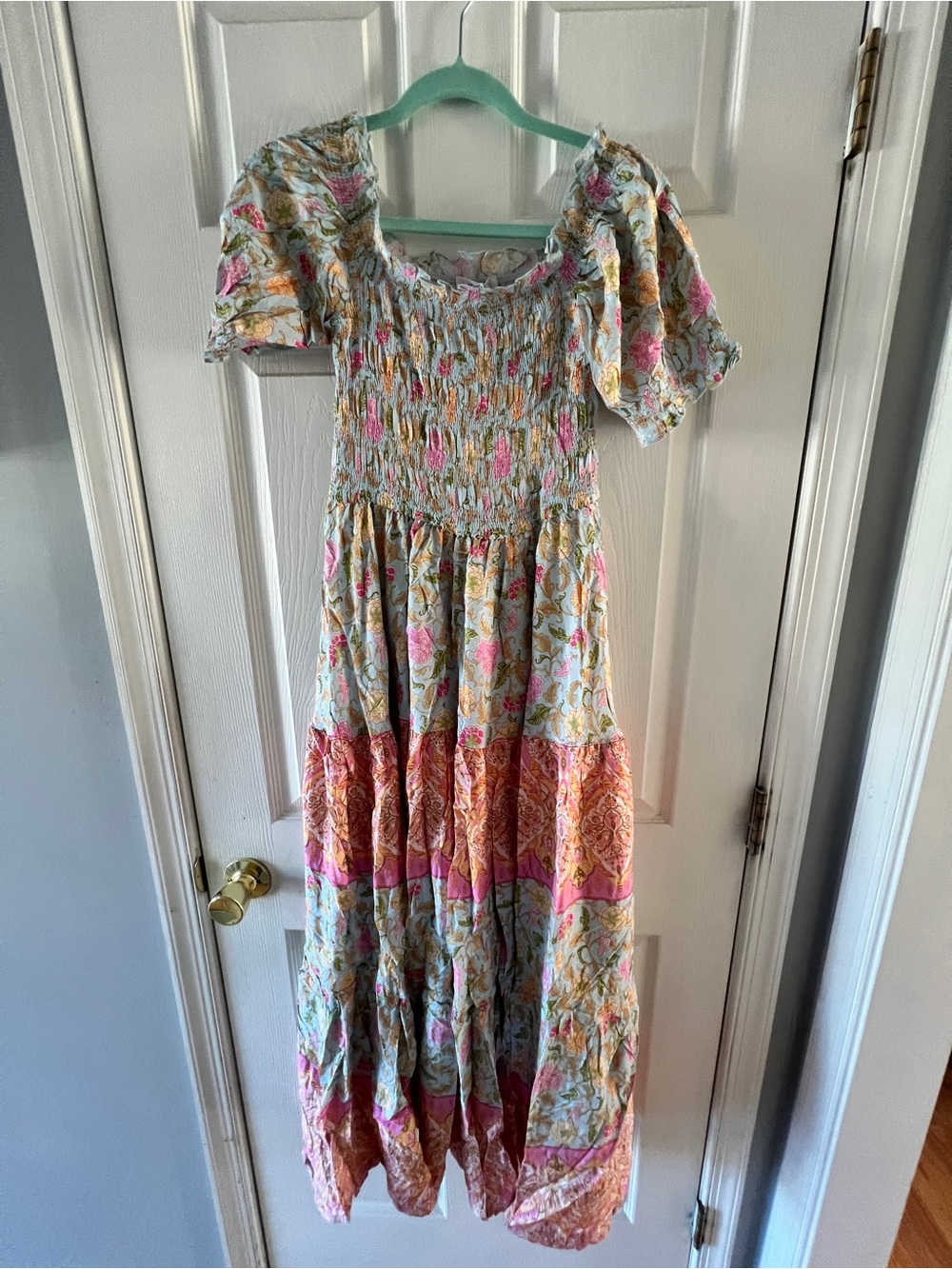 Floral Smocked Maxi Dress in Pastel Pink and Peach